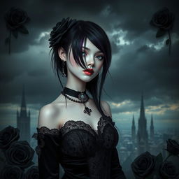 A stylish teenage girl dressed in gothic fashion, showcasing a mix of black lace, velvet, and dark accessories
