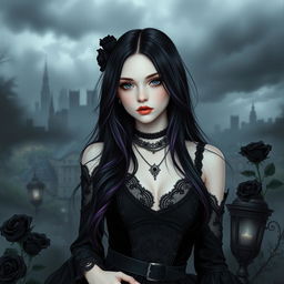 A stylish teenage girl dressed in gothic fashion, showcasing a mix of black lace, velvet, and dark accessories