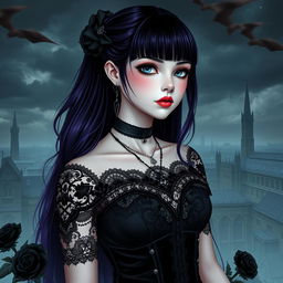 A stylish teenage girl dressed in gothic fashion, showcasing a mix of black lace, velvet, and dark accessories