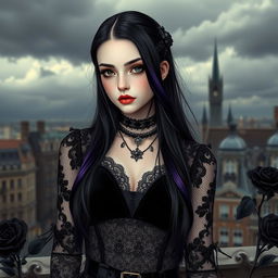 A stylish teenage girl dressed in gothic fashion, showcasing a mix of black lace, velvet, and dark accessories