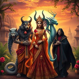 A captivating scene featuring a Demon Princess surrounded by her four husbands, each embodying a unique mythical entity