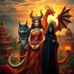 A captivating scene featuring a Demon Princess surrounded by her four husbands, each embodying a unique mythical entity