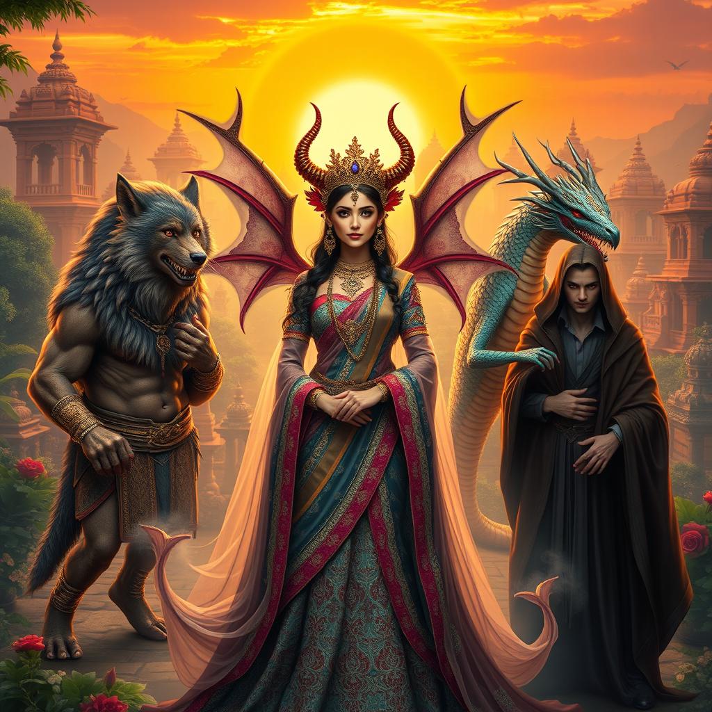 A captivating scene featuring a Demon Princess surrounded by her four husbands, each embodying a unique mythical entity