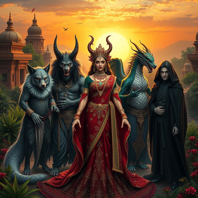 A captivating scene featuring a Demon Princess surrounded by her four husbands, each embodying a unique mythical entity