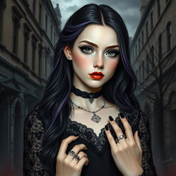 A realistic depiction of a teenage girl in gothic fashion, featuring intricate black lace and velvet garments