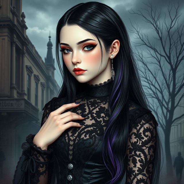 A realistic depiction of a teenage girl in gothic fashion, featuring intricate black lace and velvet garments