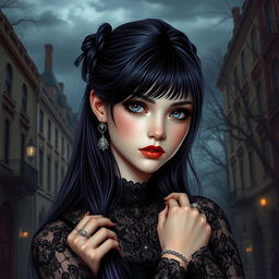 A realistic depiction of a teenage girl in gothic fashion, featuring intricate black lace and velvet garments