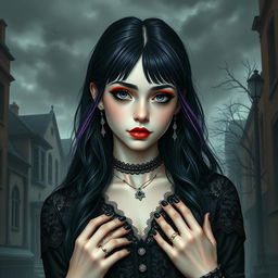 A realistic depiction of a teenage girl in gothic fashion, featuring intricate black lace and velvet garments