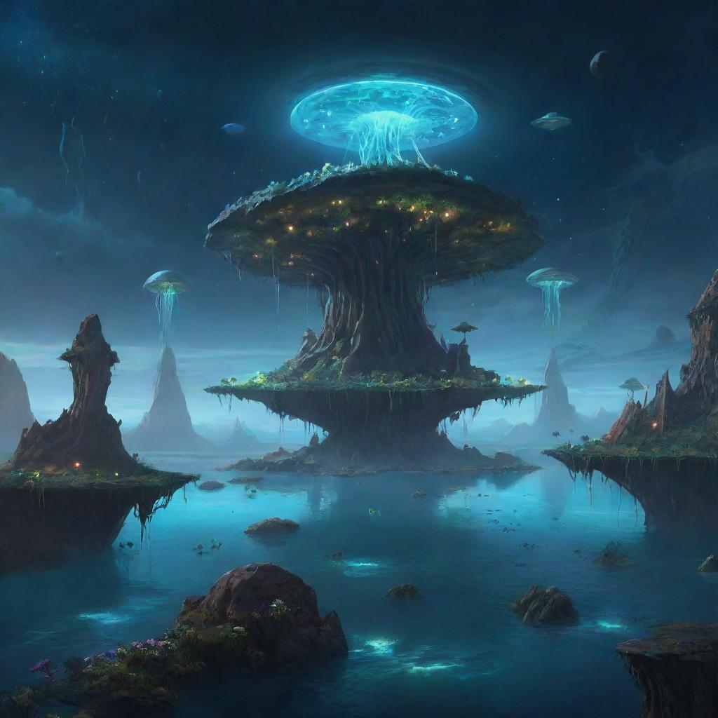 A 2D concept art piece featuring an alien landscape, filled with floating islands, bioluminescent flora, alien creatures interacting in their natural setting, under a sky lit by strange celestial bodies.