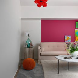 Trendy and modern interior home decoration with a blend of minimalism and color pop accents.