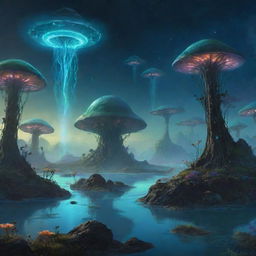 A 2D concept art piece featuring an alien landscape, filled with floating islands, bioluminescent flora, alien creatures interacting in their natural setting, under a sky lit by strange celestial bodies.