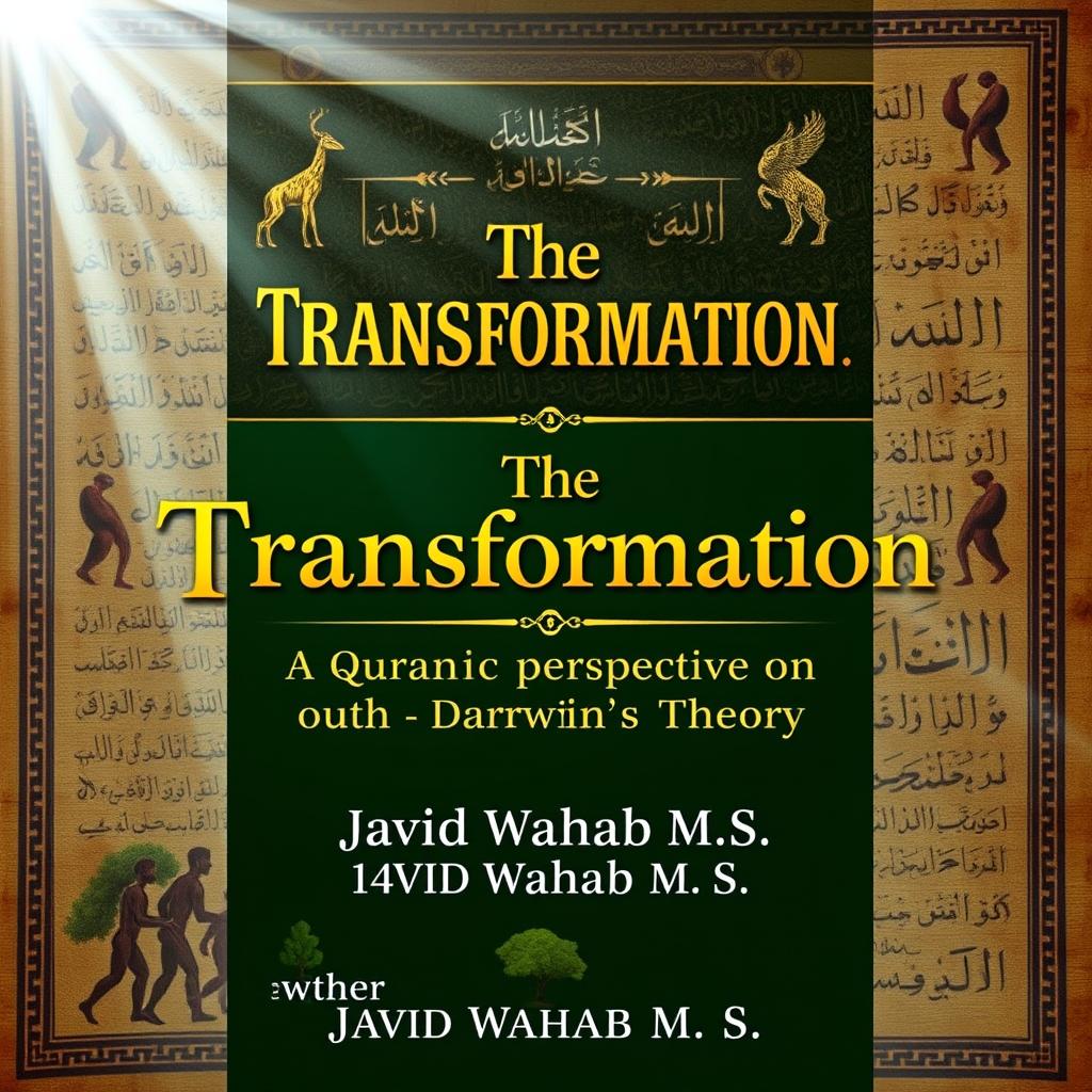 A visually striking and thought-provoking eBook cover design titled 'The Transformation: A Quranic Perspective on Darwin’s Theory' by author Javid Wahab M S