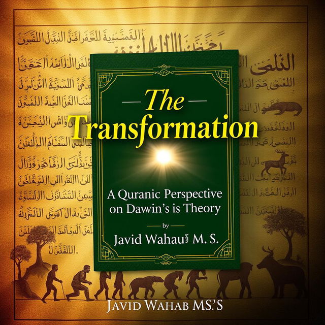 A visually striking and thought-provoking eBook cover design titled 'The Transformation: A Quranic Perspective on Darwin’s Theory' by author Javid Wahab M S