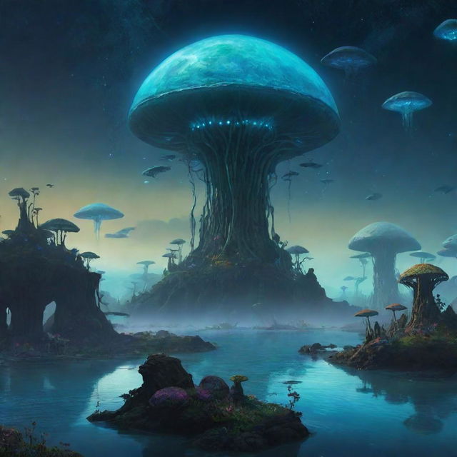 A 2D concept art piece featuring an alien landscape, filled with floating islands, bioluminescent flora, alien creatures interacting in their natural setting, under a sky lit by strange celestial bodies.