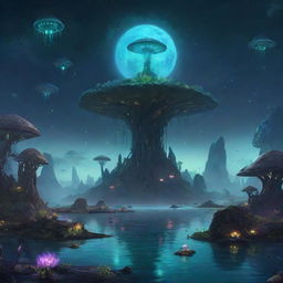 A 2D concept art piece featuring an alien landscape, filled with floating islands, bioluminescent flora, alien creatures interacting in their natural setting, under a sky lit by strange celestial bodies.