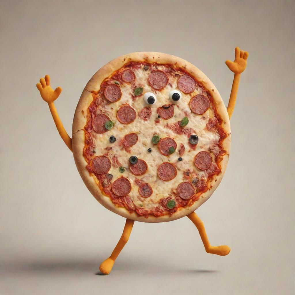 A small, colorful pizza with arms and legs, merrily dancing.