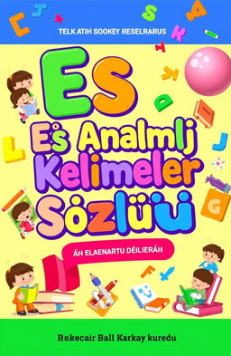 A bright and colorful book cover for a Turkish thesaurus aimed at elementary school children