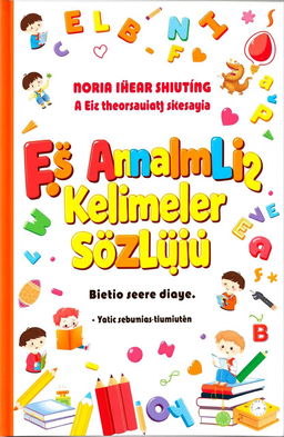 A bright and colorful book cover for a Turkish thesaurus aimed at elementary school children