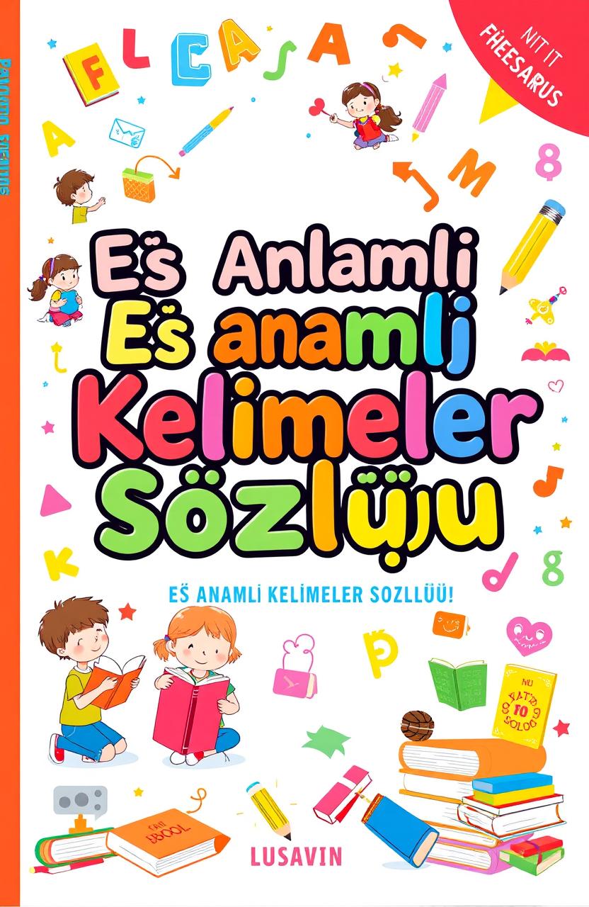 A bright and colorful book cover for a Turkish thesaurus aimed at elementary school children