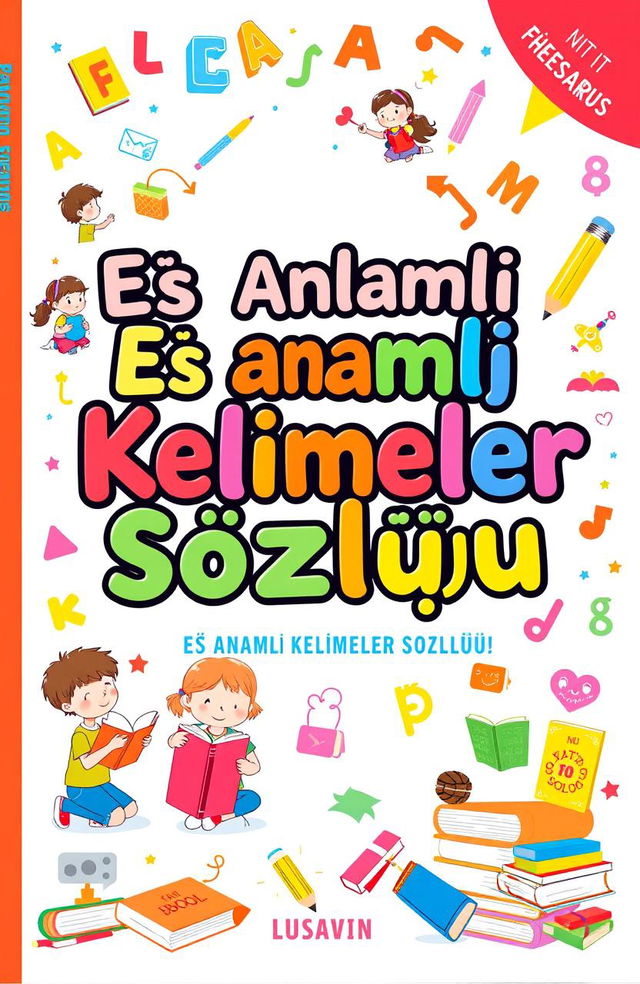 A bright and colorful book cover for a Turkish thesaurus aimed at elementary school children