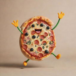 A small, colorful pizza with arms and legs, merrily dancing.