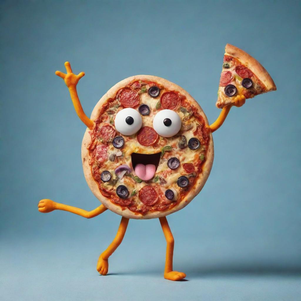 A small, colorful pizza with arms and legs, merrily dancing.