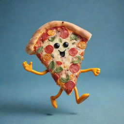 A small, colorful pizza with arms and legs, merrily dancing.