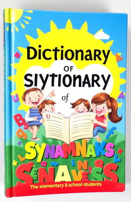 A vibrant and colorful book cover depicting a dictionary of synonyms aimed at elementary school students