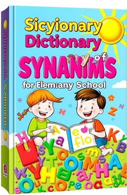 A vibrant and colorful book cover depicting a dictionary of synonyms aimed at elementary school students