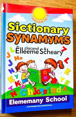 A vibrant and colorful book cover depicting a dictionary of synonyms aimed at elementary school students