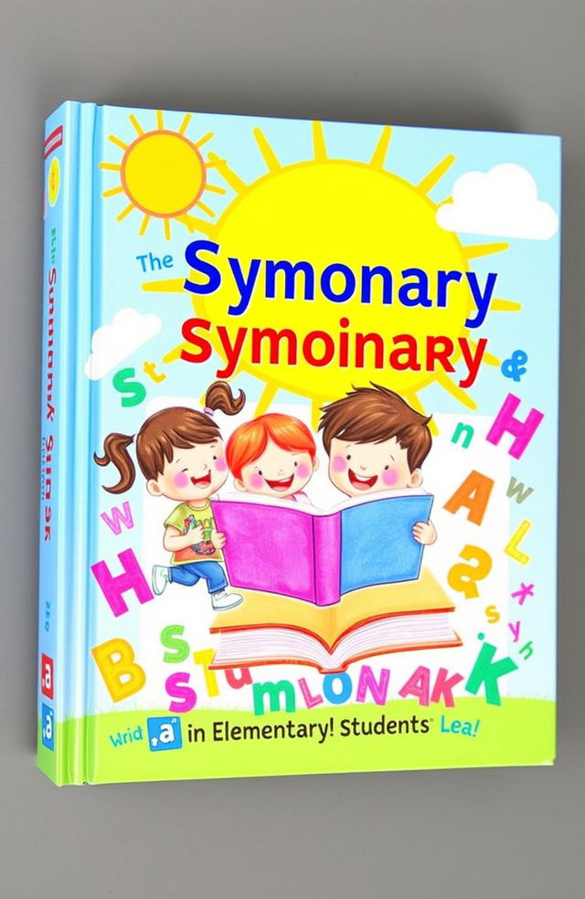 A vibrant and colorful book cover depicting a dictionary of synonyms aimed at elementary school students