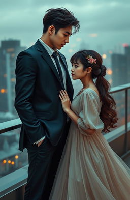 A romantic yet intense scene featuring a business-minded boy and a simple girl