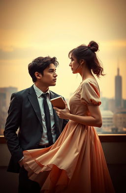 A romantic scene depicting a business-minded young man in a sharp suit, looking confidently at a simple girl who is dressed in a modest, flowing dress