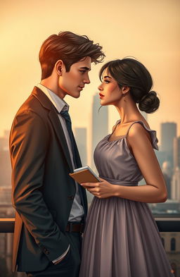 A romantic scene depicting a business-minded young man in a sharp suit, looking confidently at a simple girl who is dressed in a modest, flowing dress