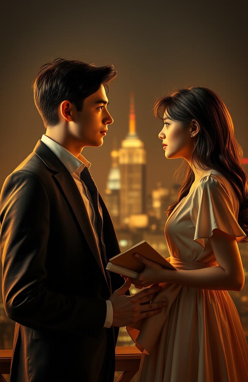 A romantic scene depicting a business-minded young man in a sharp suit, looking confidently at a simple girl who is dressed in a modest, flowing dress