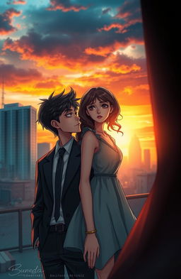 A romantic scene depicting a boy with a sharp business mindset, dressed in a tailored suit, standing confidently in an urban setting with a city skyline behind him