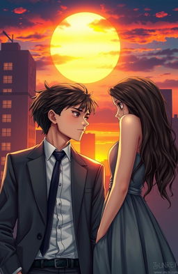 A romantic scene depicting a boy with a sharp business mindset, dressed in a tailored suit, standing confidently in an urban setting with a city skyline behind him