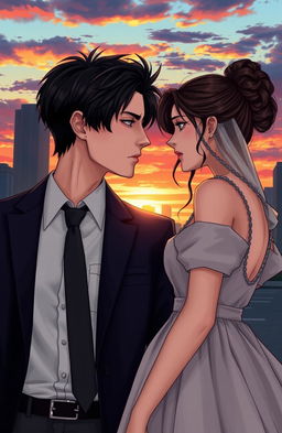 A romantic scene depicting a boy with a sharp business mindset, dressed in a tailored suit, standing confidently in an urban setting with a city skyline behind him