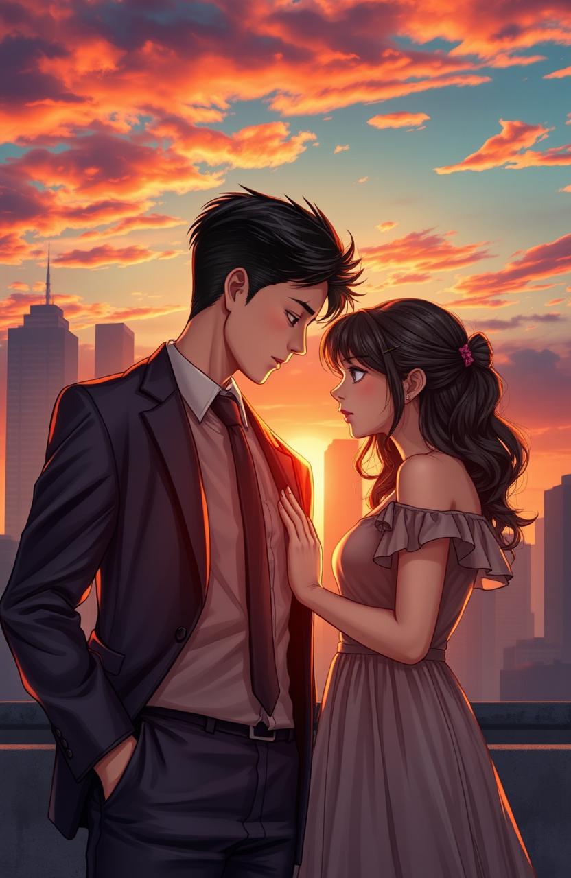 A romantic scene depicting a boy with a sharp business mindset, dressed in a tailored suit, standing confidently in an urban setting with a city skyline behind him