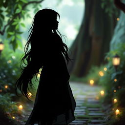A beautifully crafted silhouette of a young girl with long, flowing hair, standing at the beginning of a serene path