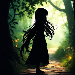 A beautifully crafted silhouette of a young girl with long, flowing hair, standing at the beginning of a serene path