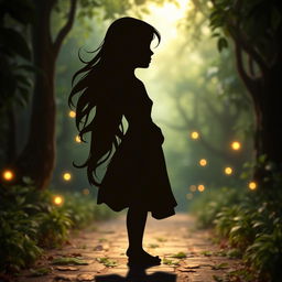 A beautifully crafted silhouette of a young girl with long, flowing hair, standing at the beginning of a serene path