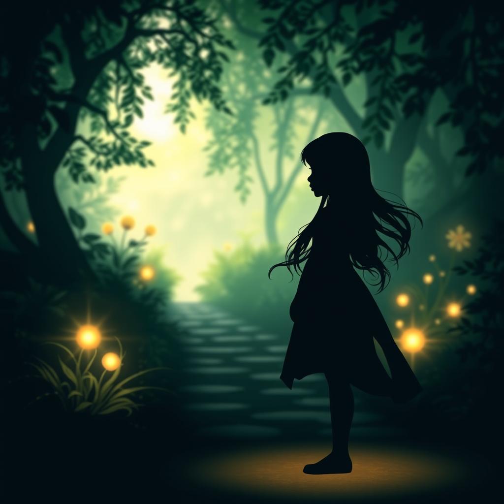 A beautifully crafted silhouette of a young girl with long, flowing hair, standing at the beginning of a serene path