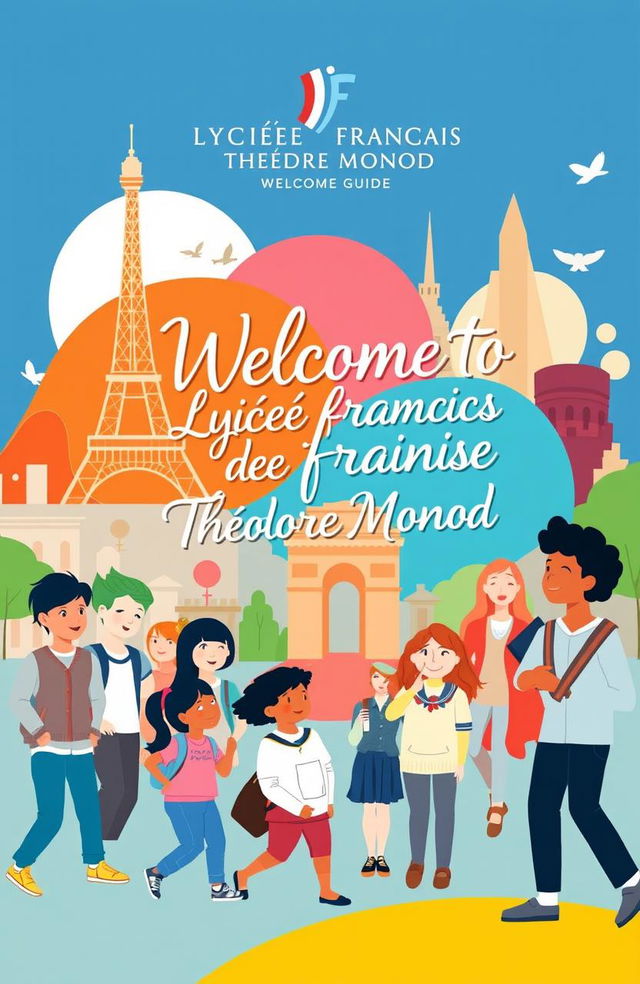 A beautifully illustrated welcome guide cover for Lycée Français Théodore Monod, featuring a vibrant, modern design that incorporates elements of French culture and education