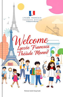 A beautifully illustrated welcome guide cover for Lycée Français Théodore Monod, featuring a vibrant, modern design that incorporates elements of French culture and education