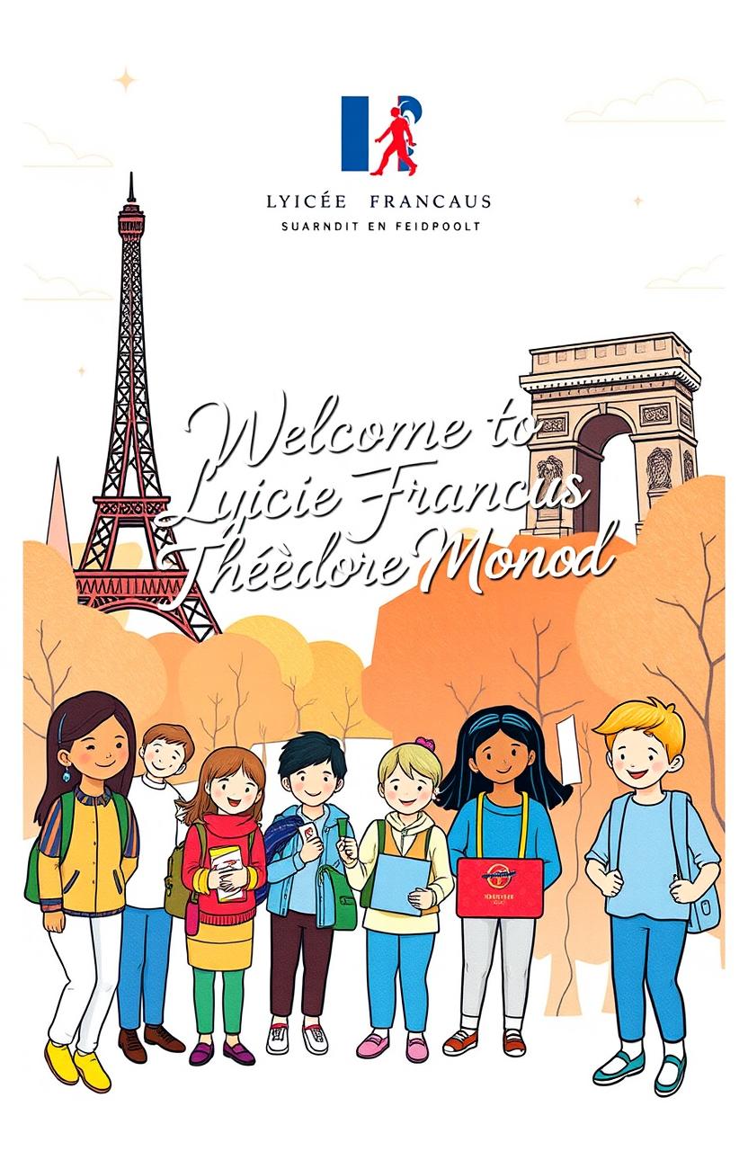 A beautifully illustrated welcome guide cover for Lycée Français Théodore Monod, featuring a vibrant, modern design that incorporates elements of French culture and education