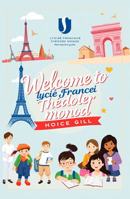 A beautifully illustrated welcome guide cover for Lycée Français Théodore Monod, featuring a vibrant, modern design that incorporates elements of French culture and education