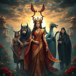 A mesmerizing scene featuring a Demon Princess surrounded by her four distinct husbands, each embodying a unique mythical creature