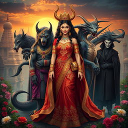 A mesmerizing scene featuring a Demon Princess surrounded by her four distinct husbands, each embodying a unique mythical creature