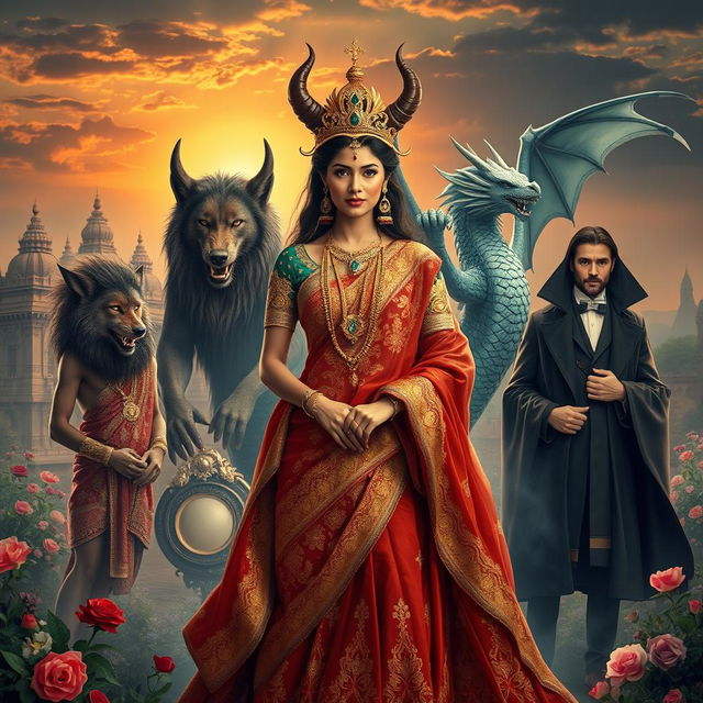 A mesmerizing scene featuring a Demon Princess surrounded by her four distinct husbands, each embodying a unique mythical creature